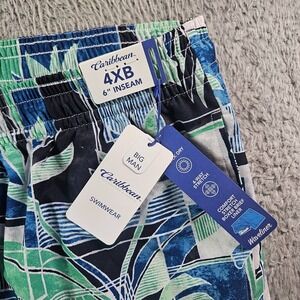 NWT Caribbean Swim Shorts Trunks Men's 4XB Lined Zip Pocket Leaf Geometric Print